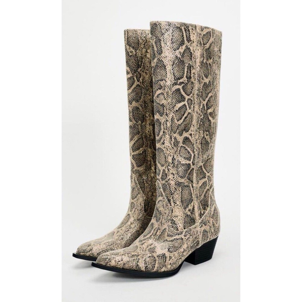ZARA Women Snakeskin Animal Print Cowboy Boots Beige Size US 8 EUR 39 3004/310